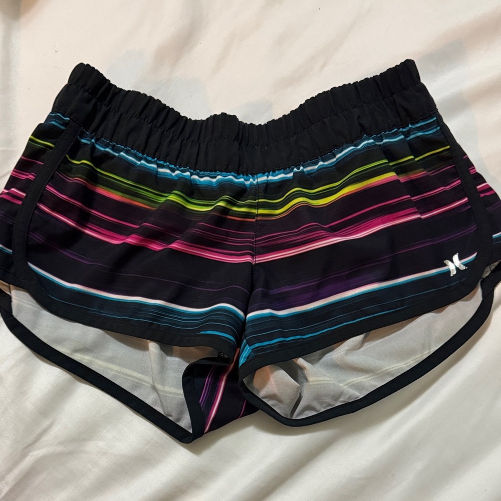 Hurley Women's Black Multicolor Striped Athletic Shorts